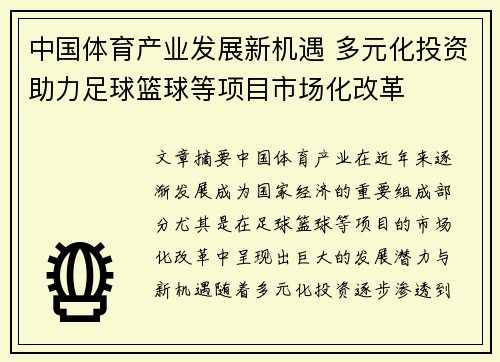 中国体育产业发展新机遇 多元化投资助力足球篮球等项目市场化改革
