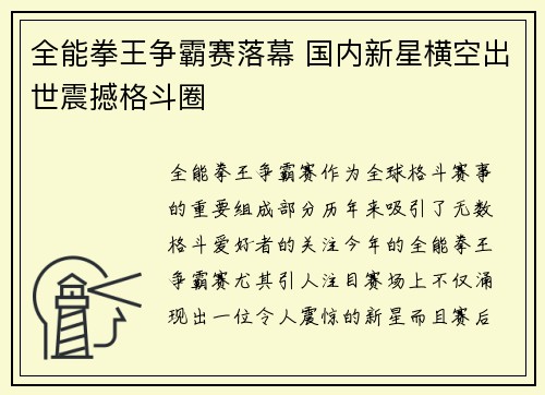 全能拳王争霸赛落幕 国内新星横空出世震撼格斗圈