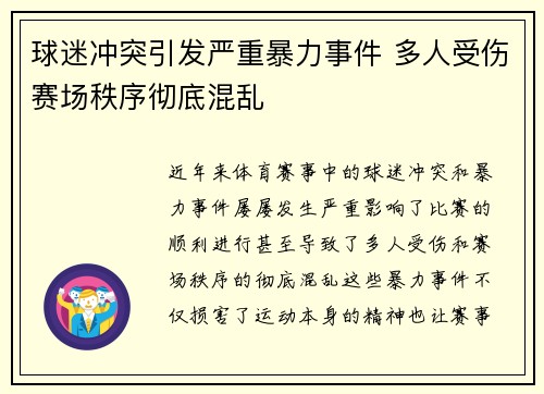 球迷冲突引发严重暴力事件 多人受伤赛场秩序彻底混乱